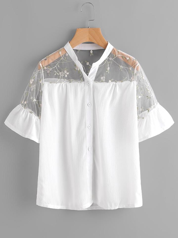 Shein Embroidery Mesh Yoke Frill Cuff Shirt