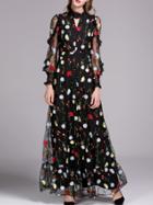 Shein Black Sheer Ruffle Flowers Gauze Embroidered Maxi Dress