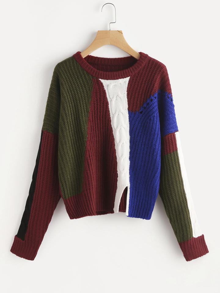 Shein Color Block Mixed Knit Slit Front Jumper