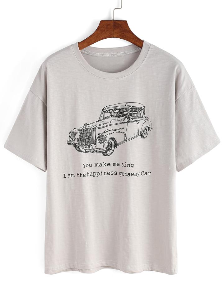 Shein Grey Car Print T-shirt