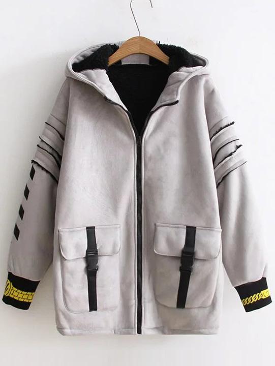 Shein Grey Printed Seam Hooded Suede Coat With Pocket