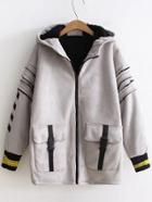 Shein Grey Printed Seam Hooded Suede Coat With Pocket