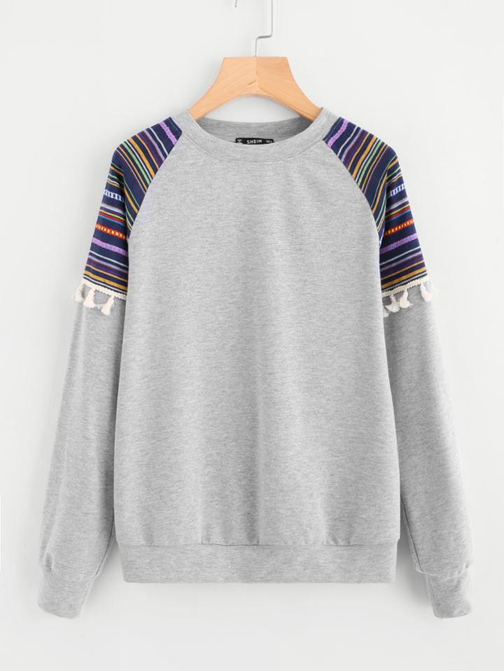 Shein Tassel Trim Striped Jacquard Panel Pullover
