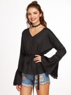Shein Black V Neck Buttoned Bell Cuff Belted Top