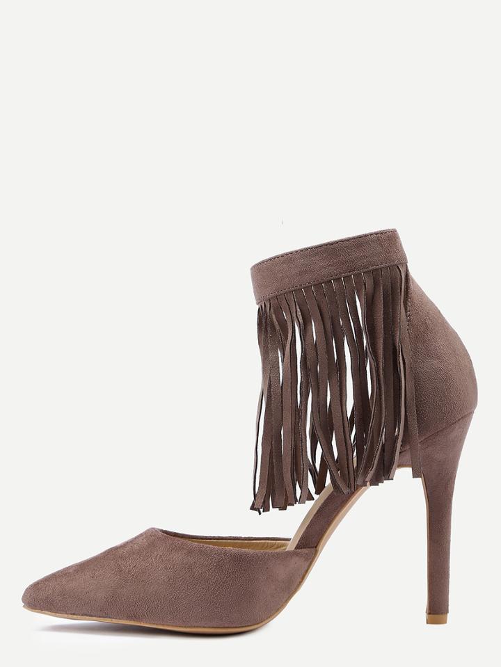 Shein Khaki Fringe Ankle Cuff Pointed Toe Heels