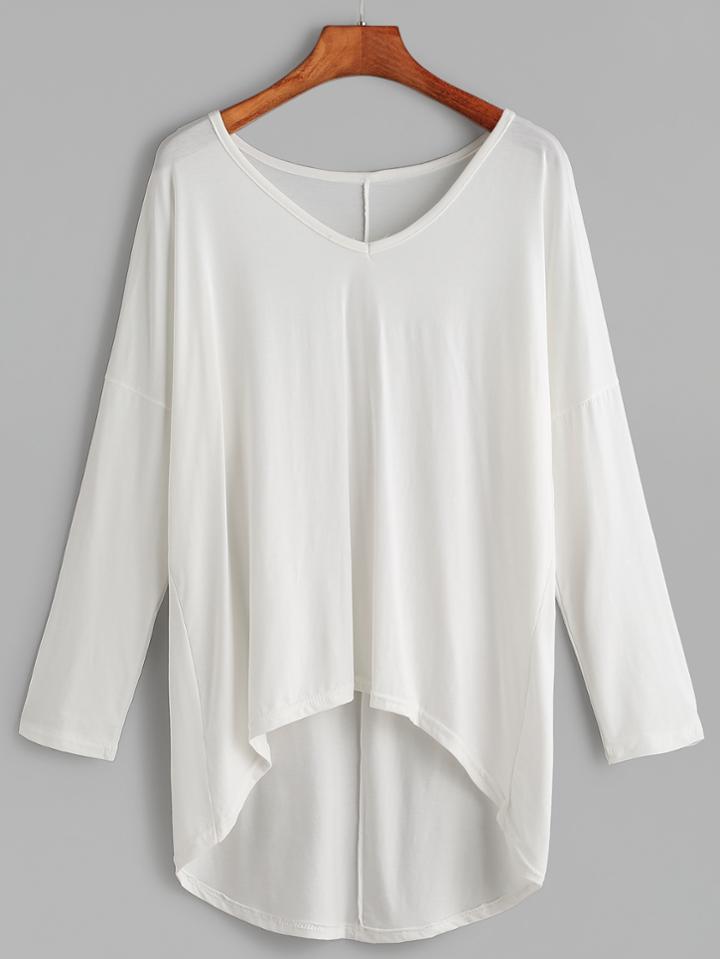 Shein White V Neck Drop Shoulder Dip Hem T-shirt