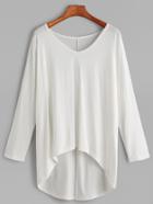 Shein White V Neck Drop Shoulder Dip Hem T-shirt