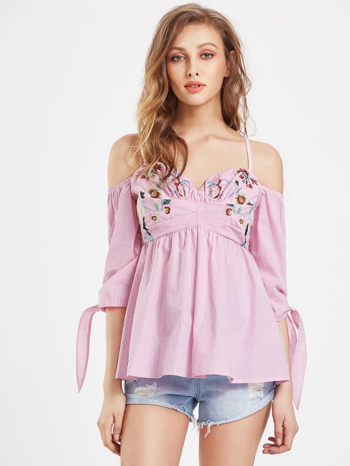 Shein Tie Sleeve Split Back Embroidered Babydoll Top