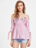 Shein Tie Sleeve Split Back Embroidered Babydoll Top