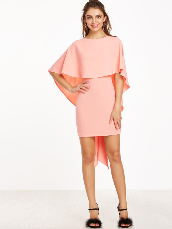 Shein Pink Zipper Back Cape Ruffle Dress