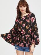 Shein Flower Print Ruffle Flute Sleeve Peplum Top