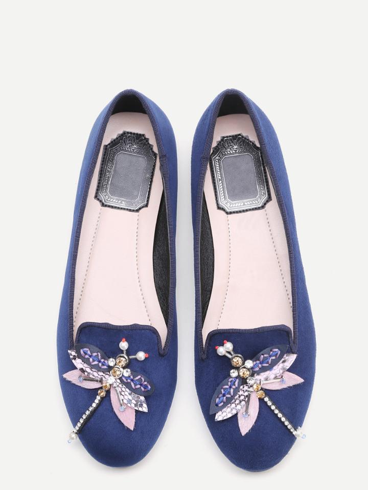 Shein Blue Rhinestone And Beaded Dragonfly Embellished Flats