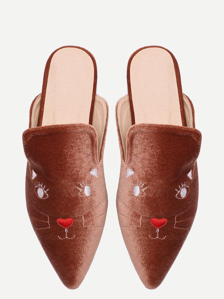 Shein Brown Cat Embroidery Point Toe Slippers