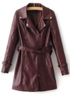 Shein Burgundy Zipper Detail Pu Coat With Belt