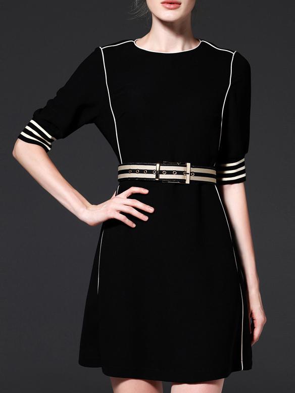 Shein Black Striped Belted Shift Dress