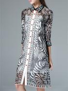 Shein Black Lapel Sheer Argyle Zebra Silk Dress