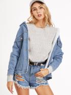 Shein Blue Dropped Shoulder Seam Sherpa Lined Denim Jacket