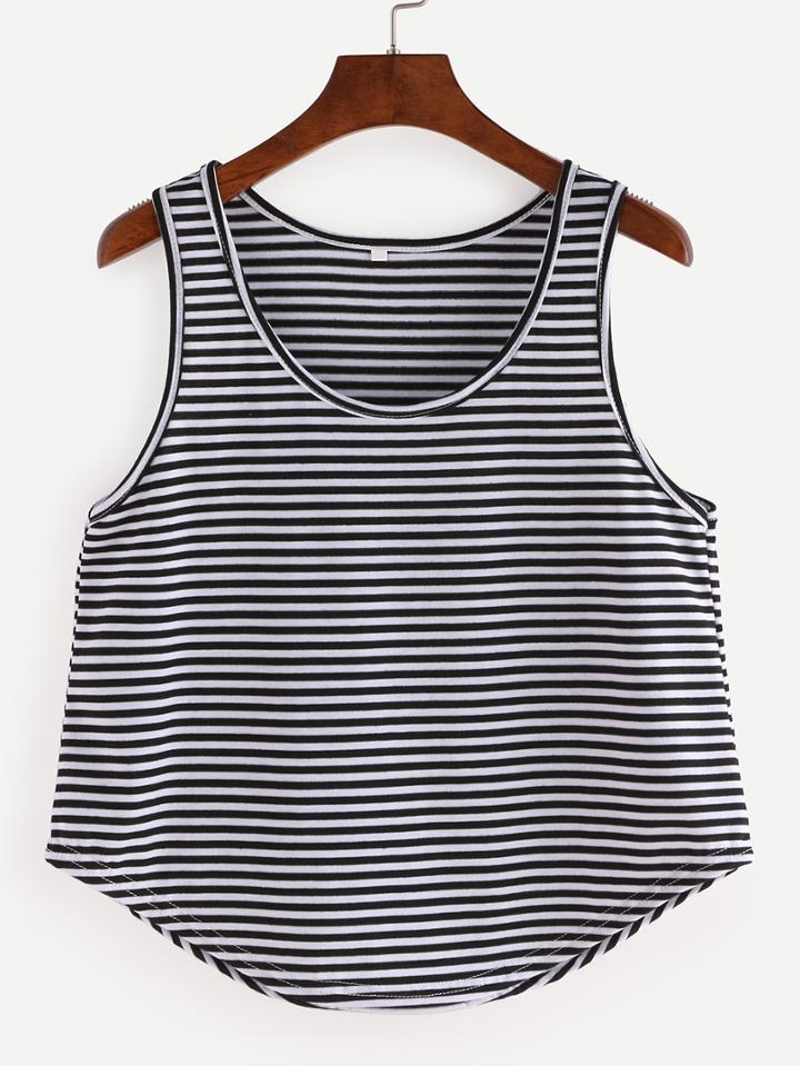 Shein Black White Striped Curved Hem Tank Top