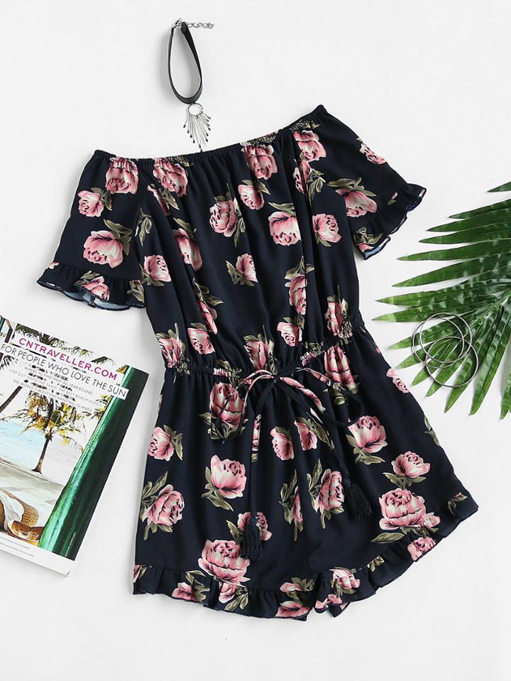 Shein Frill Trim Drawstring Waist Bardot Playsuit