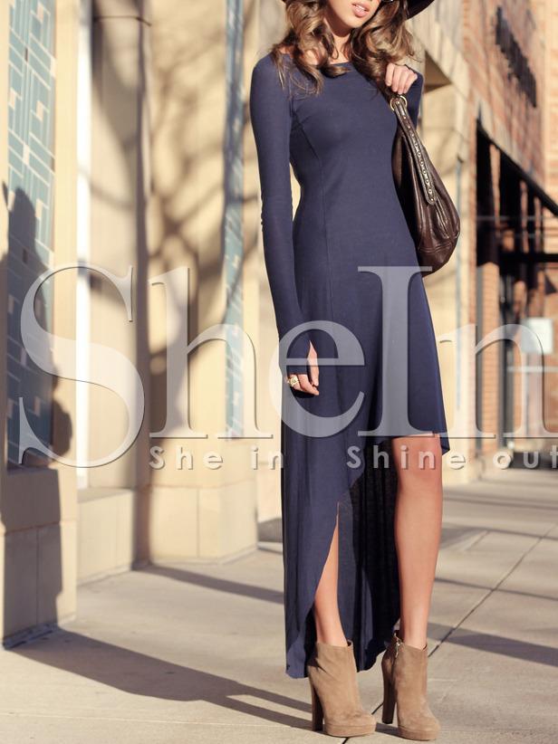 Shein Navy Uneven Long Sleeve Asymetric High Low Dress