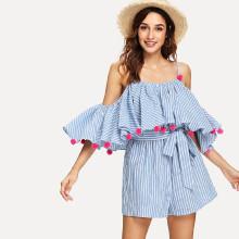 Shein Open Shoulder Pompom Embellished Pinstripe Romper