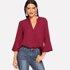 Shein Flounce Sleeve V Neck Solid Top