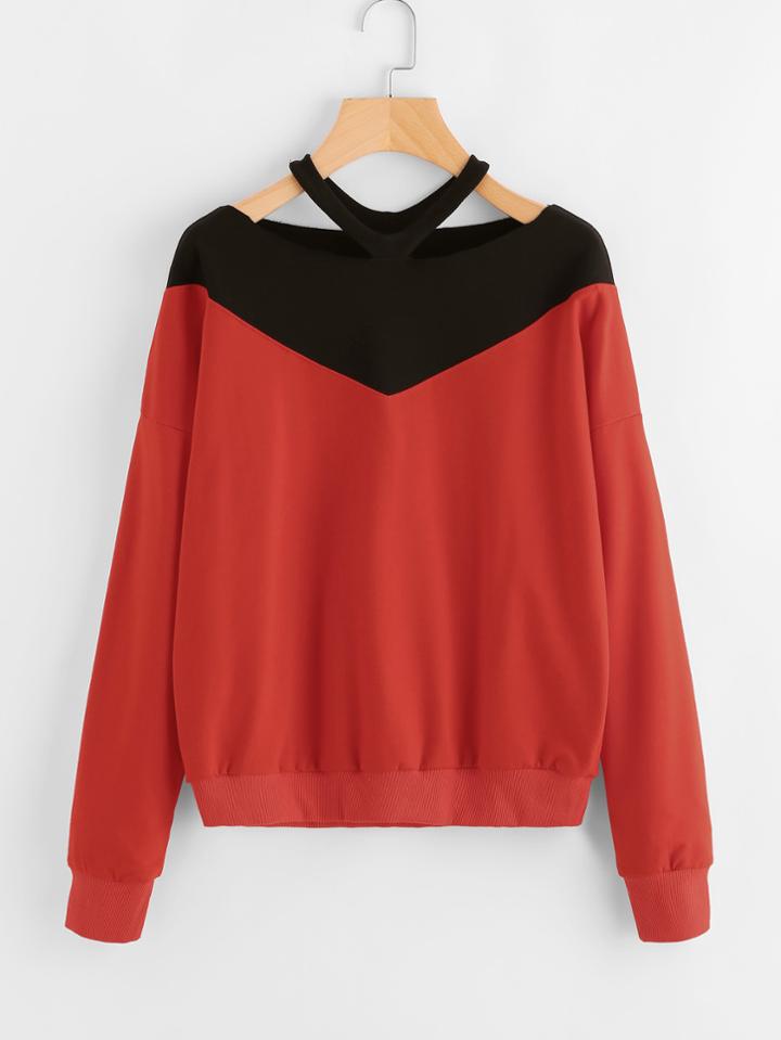 Shein Contrast Panel Ripped Neck Sweatshirt