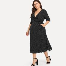 Shein Plus Polka Dot Print Ruffle Wrap Dress