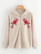 Shein Embroidered Rose Applique Faux Fur Hoodie