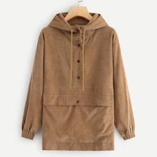 Shein Solid Half Button Hooded Corduroy Sweatshirt