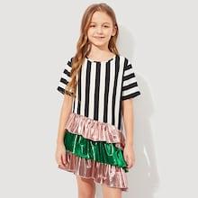 Shein Girls Layered Ruffle Hem Striped Dress