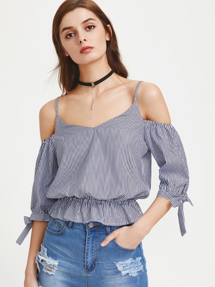 Shein Cold Shoulder Pinstripe Bow Tie Detailed Peplum Top