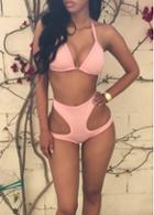 Rosewe Pink Cutout Waist Halter Two Piece Swimwear