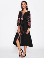 Shein Embroidered Tape Detail V Cut Tassel Tie Slit Dress