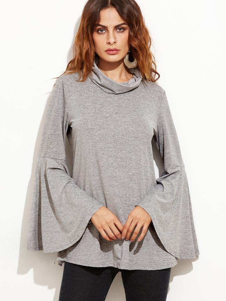 Shein Grey Cowl Neck Bell Sleeve Wrap Back T-shirt