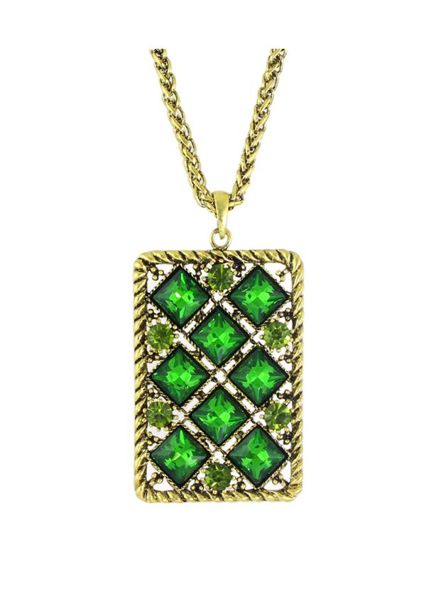 Shein Green Rhinestone Square Shape Pendant Necklace