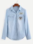 Shein Embroidered Patch Light Blue Denim Blouse