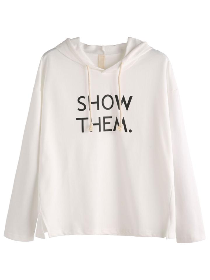 Shein White Letter Print Slit Side Hooded Sweatshirt
