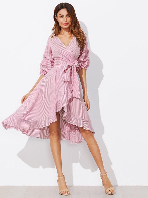Shein Surplice Wrap Flounce Dip Hem Pinstripe Dress