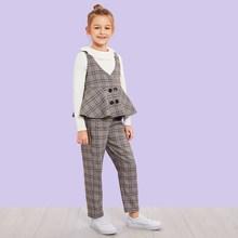 Shein Girls Button Front Plaid Vest & Pants Set