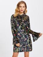 Shein Tie Neck Trumpet Cuff Botanical Velvet Dress