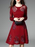 Shein Burgundy Gauze Embroidered A-line Dress