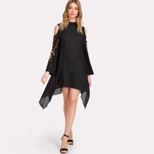Shein Crisscross Embroidered Sleeve Hanky Hem Swing Dress