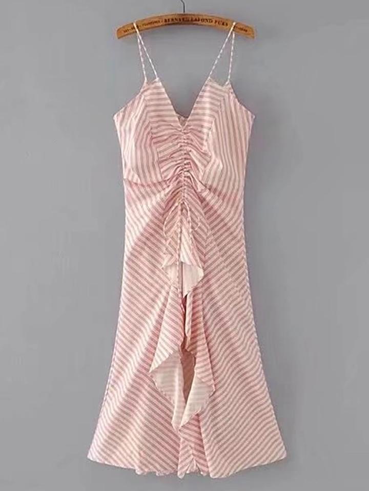 Shein Shirred Lace Up Ruffle Trim Cami Dress