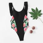 Shein Backless Ruffle Random Floral Swimsuit