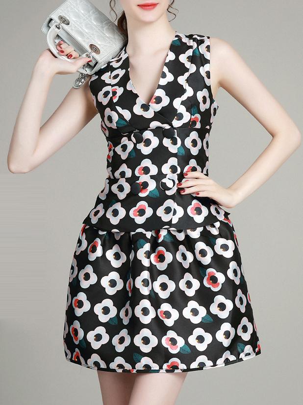 Shein Black V Neck Print Top With Skirt