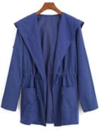 Shein Blue Hooded Drawstring Waist Pockets Trench Coat