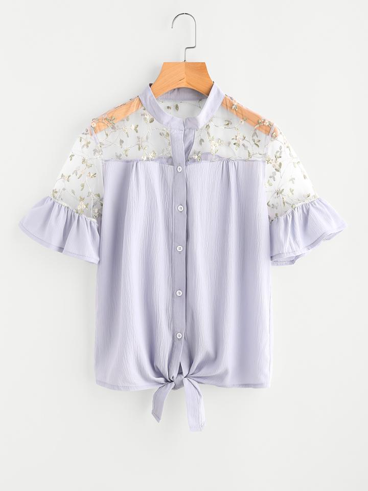 Shein Mesh Insert Embroidered Tie Front Frill Blouse