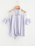 Shein Mesh Insert Embroidered Tie Front Frill Blouse