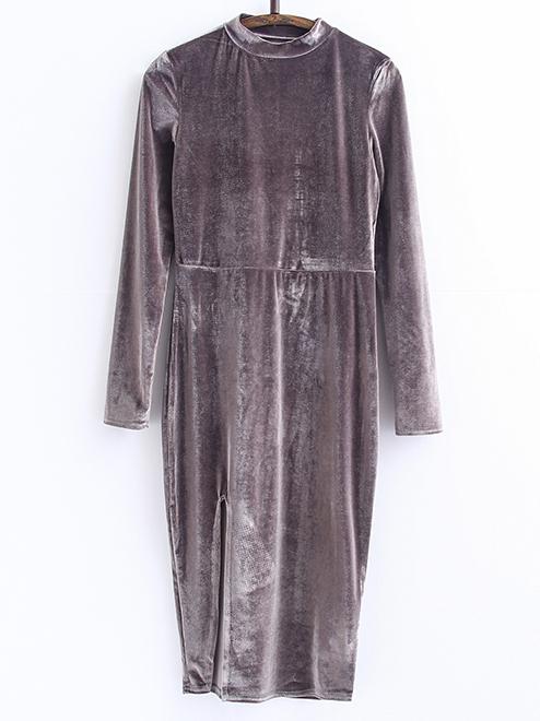 Shein Grey Mock Neck Slit Velvet Dress